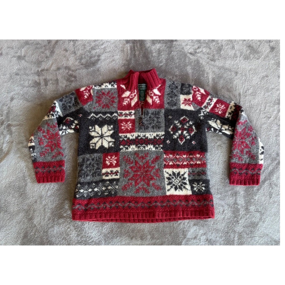 Vtg Ralph Lauren‎ Hand Knit Wool Patchwork Nordic Fair Isle Snowflake 1/4 Zip PS